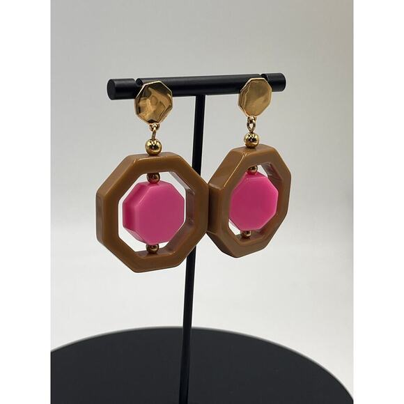 Kate Spade Pink Brown Resin Plastic Geometrical Hexagon Drop Pierced Earrings - Picture 3 of 10